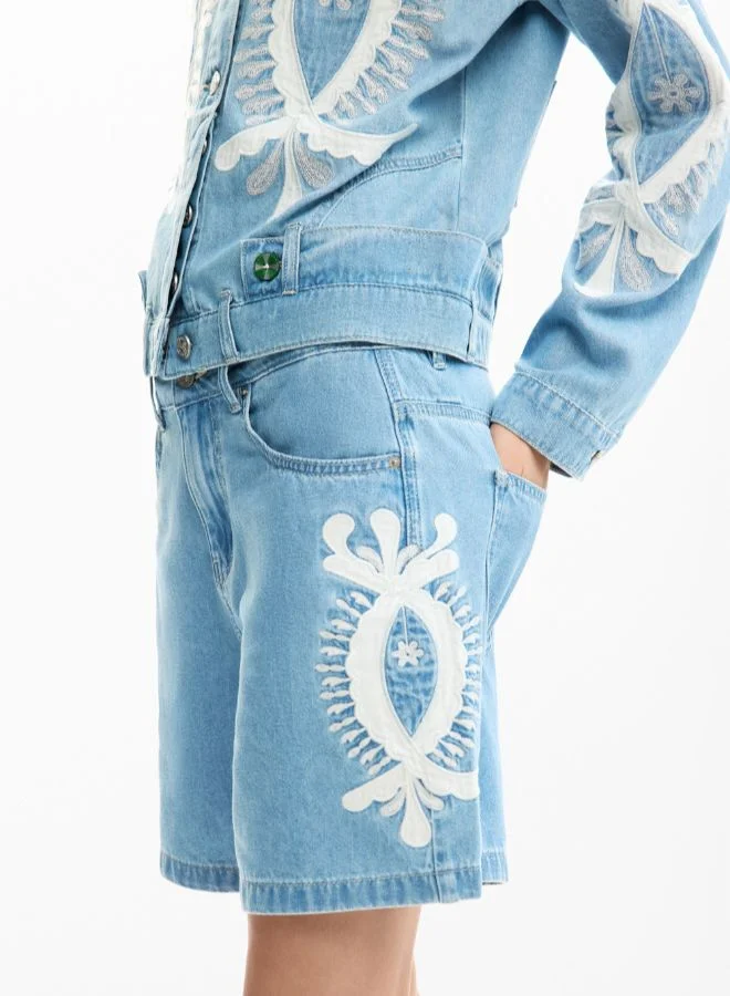 DESIGUAL Blue Embroidered denim bermuda for Women | Best Price UAE